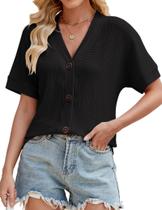 Camisa SimpleFun Black Waffle Knit de manga curta para mulheres S Camisa SimpleFun Black Waffle Knit de manga curta para mulheres S