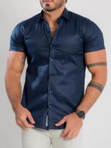 Camisa Slim Manga Curta Acetinada Azul Marinho - Conquest