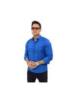 Camisa social azul masculina linho natural slim fit