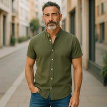 Camisa Social Botão Manga Curta Masculina Gola Padre Camisa Social Botão Manga Curta Masculina Gola Padre