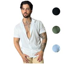 Camisa Social Botão Masculina Moda Praia Gola Padre Manga Curta