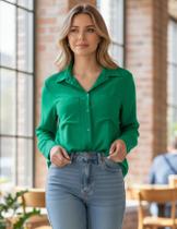 Camisa Social Feminina Blusa de Manga Longa Camisete Com Bolsos Frontais Camisa de Alfaiataria Linho Premium Casual Tshirt