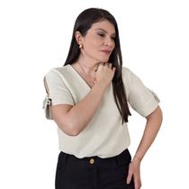 Camisa Social Feminina Blusa Manga Curta Amarração Decote V Alfaiataria Elegante