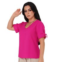 Camisa Social Feminina Blusa Manga Curta Amarração Decote V Alfaiataria Elegante