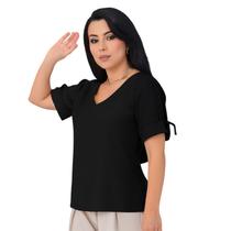 Camisa Social Feminina Blusa Manga Curta Amarração Decote V Alfaiataria Elegante