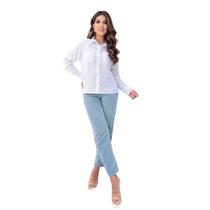 Camisa Social Feminina Blusa Manga Longa Com 2 Bolsos Frontais Moda Verão Elegante