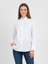 Camisa Social Feminina Branca com Strass Manga Longa, Gola Clássica e Botões Frontais