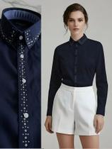 Camisa Social Feminina com Linha de Strass Premium Azul Marinho Gola e Peito Blusa de Luxo Manga Longa Elegante Tamanho: Camisa Social Feminina com Linha de Strass Premium Azul Marinho Gola e Peito Blusa de Luxo Manga Longa Elegante Tamanho: