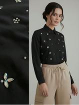 Camisa Social Feminina com Strass Variados Furta-cor Preto Blusa de Luxo Manga Longa Elegante Tamanho:M Camisa Social Feminina com Strass Variados Furta-cor Preto Blusa de Luxo Manga Longa Elegante Tamanho:M