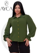 Camisa Social Feminina Duna Bege Manga Princesa Tendencia