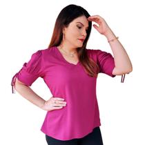 Camisa Social Feminina Gola V Manga Bufante 2/4 Trançada Fita