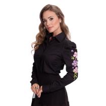 Camisa Social Feminina Manga Bordada Floral Moderna Teodoro