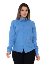 Camisa Social Feminina Manga Longa Slim Azul Escuro com strass