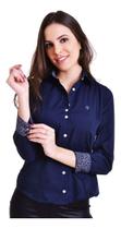 Camisa Social Feminina Manga Longa Slim Azul Escuro GG