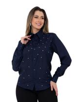 Camisa Social Feminina Manga Longa Slim Azul Marinho com Strass