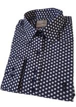 Camisa social feminina manga longa slim azul marinho e branco Coleção Prime Flor