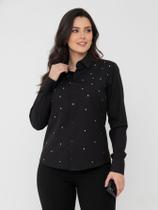 Camisa Social Feminina Manga Longa Slim Preto com strass