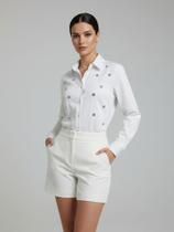 Camisa Social Feminina Margarida com Flor de Strass Premium Blusa de Luxo Manga Longa Elegante com Strass Brilho Camisa Social Feminina Margarida com Flor de Strass Premium Blusa de Luxo Manga Longa Elegante com Strass Brilho