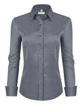 Camisa social feminina siliteelon, ajuste clássico, manga comprida, cinza