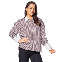 Camisa Social Feminina The Style Box Listrada Marrom/Branco Camisa Social Feminina The Style Box Listrada Marrom/Branco