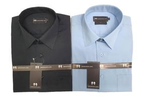 Camisa Social Fit Manga Curta Branco Preto Azul Claro Azul Marinho Kit Com 2 Peças