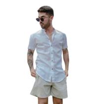 Camisa Social Gola Padre Manga Curta Slim Fit Moda Praia