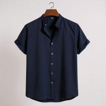 Camisa Social Gola Padre Masculina Manga Curta Aspecto Linho