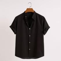 Camisa Social Gola Padre Masculina Manga Curta Aspecto Linho