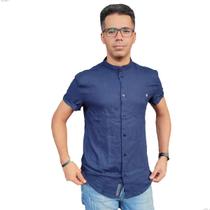 Camisa Social Gola Padre Masculina Slim Manga Curta Linho