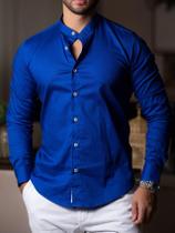 Camisa Social Manga Longa Slim Fit Azul Royal - Gola Padre - Conquest