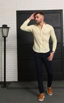 Camisa social masculina amarela algodao com elastano slim fit
