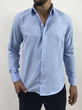 Camisa Social Masculina Azul Bebê Manga Longa Slim Fit Algodão e Poliéster - Pthirillo