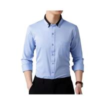 Camisa Social Masculina De Manga Longa Elástica Antirrugas Clássica Lisa Azul Royal Preto Branco
