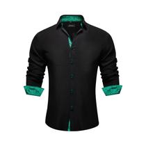 Camisa Social Masculina De Manga Longa Preta Com Estampa Paisley Vermelha E Contraste, Gola Botão
