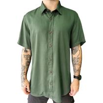 Camisa Social Masculina Manga Curta Viscose Verde Militar