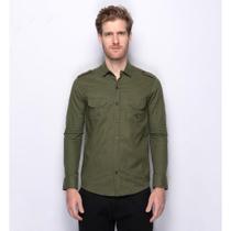 Camisa Social Masculina Manga Longa Bolsos Linho Algodão Verde Militar GG