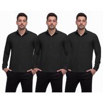 Camisa Social Masculina Manga Longa Lisa Botões Kit 3 Branco/Preto GG