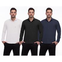 Camisa Social Masculina Manga Longa Lisa Botões Kit 3 Branco/Preto GG Camisa Social Masculina Manga Longa Lisa Botões Kit 3 Branco/Preto GG