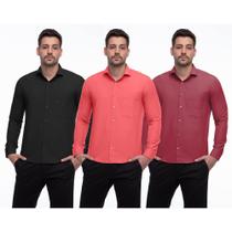 Camisa Social Masculina Manga Longa Lisa Punhos Kit 3 Preto/Vermelho M