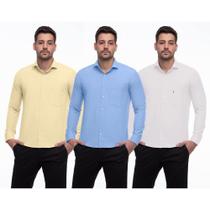 Camisa Social Masculina Manga Longa Lisa Punhos Kit 3 Verde/Azul GG