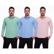 Camisa Social Masculina Manga Longa Lisa Punhos Kit 3 Verde/Azul GG