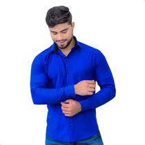 Camisa Social Masculina Manga Longa Tricoline Slim Fit Azul Royal