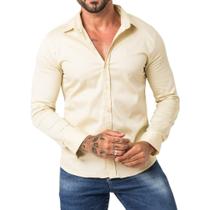 Camisa Social Masculina Slim Fit Bege Manga Longa Zune