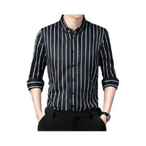 Camisa Social Masculina Slim Fit De Manga Longa Com Listras, Elástica E Antirrugas Para Negócios E