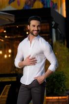 Camisa Social Masculina Slim Linho Branca Listrada Azul - Conquest