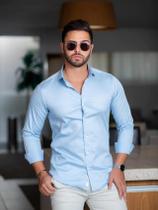 Camisa Social Masculina Slim Manga Longa Acetinada Azul Claro - Conquest