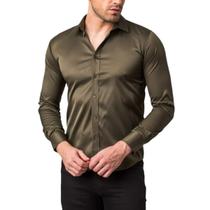 Camisa Social Masculina Slim Verde Militar Manga Longa Zune