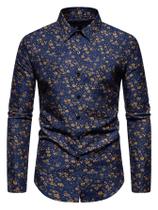Camisa social masculina VIPWOLF com estampa floral, manga comprida, azul escuro Camisa social masculina VIPWOLF com estampa floral, manga comprida, azul escuro