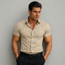 Camisa Social Masculino Manga Curta De Botão Lisa Elastano