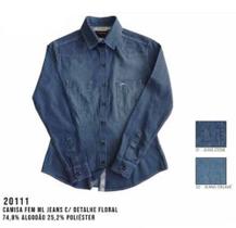 Camisa Social MX72 Manga Longa Casual Floral Feminino Adulto Tecido Jeans - Ref 20111